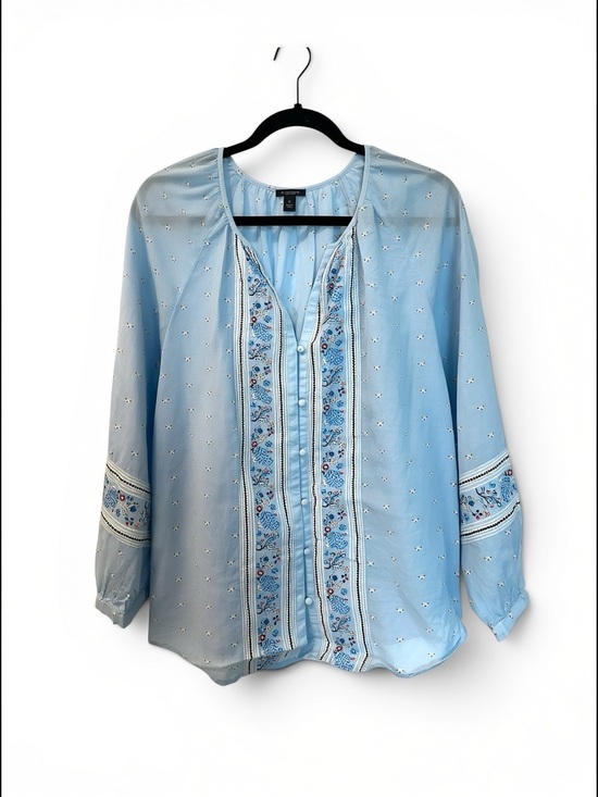 Ann Taylor Factory Tops - Ann Taylor Factory Boho Mixed Media Button Front Blouse Blue SZ XL